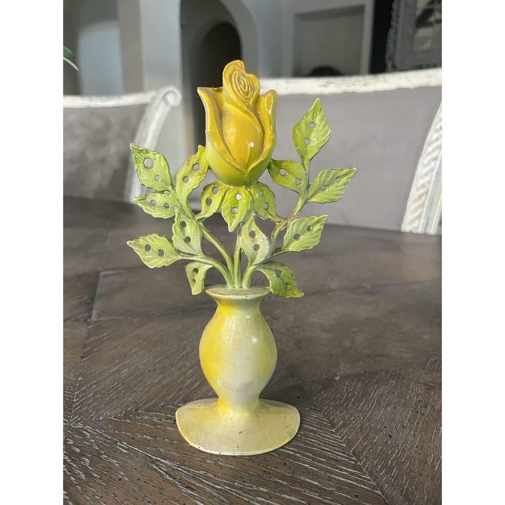 Vtg Cast Metal Yellow Rose Vase Shaped Earring Organizer 70s Boho‎ Vanity 6.5"
